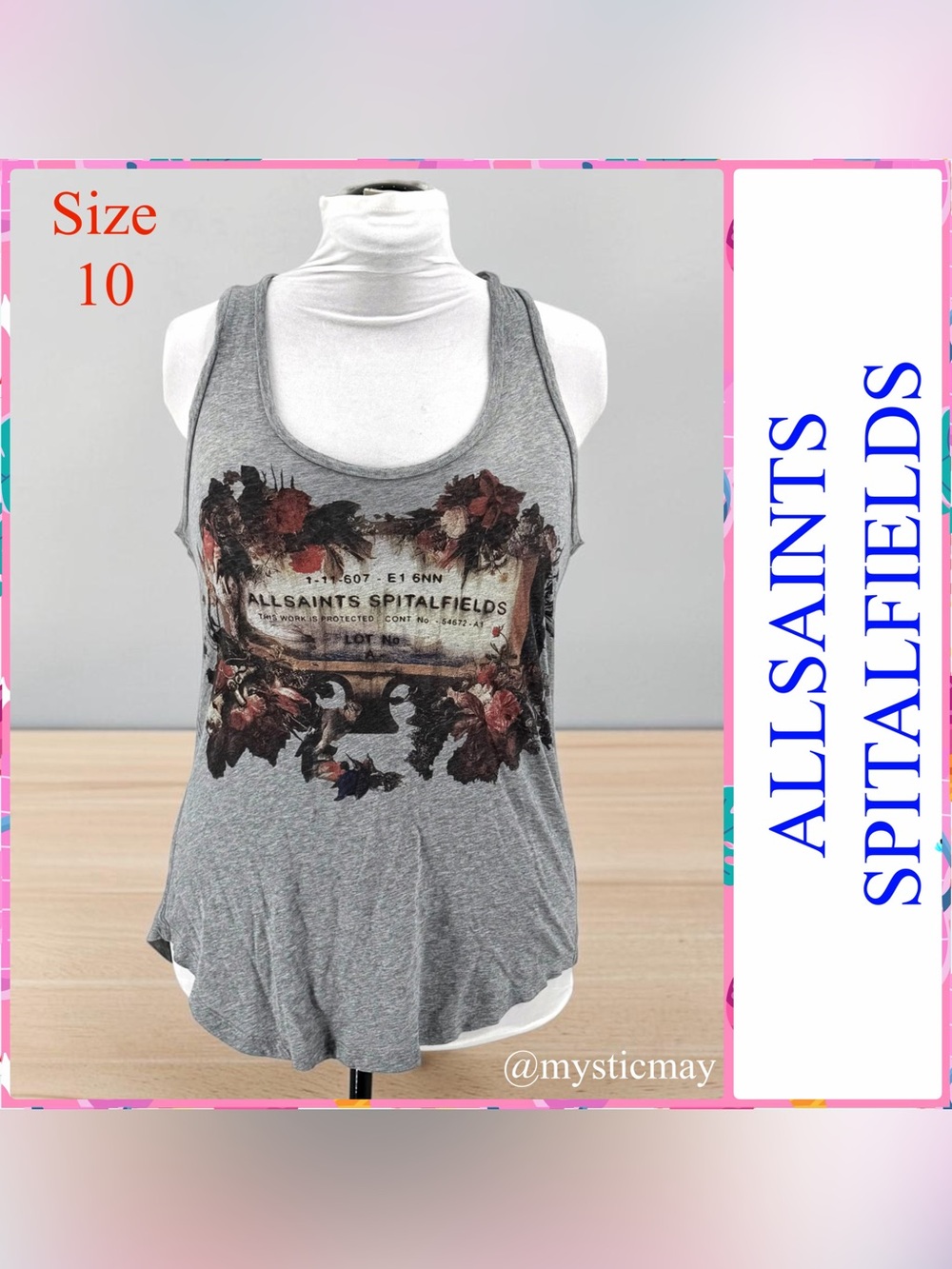 Vintage Gray Floral Framed ALLSAINTS VICTORIAN PLAQUE Racerback Tank Top Size 10
